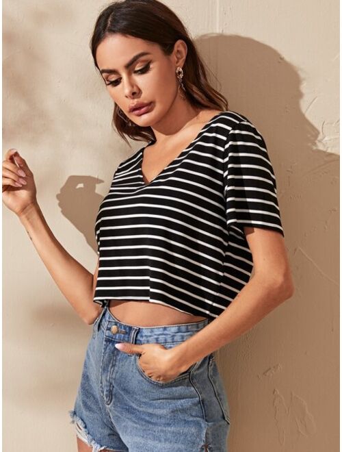 Shein V-neck Striped Crop Tee