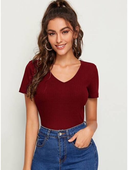 Shein V Neck Rib-knit Top