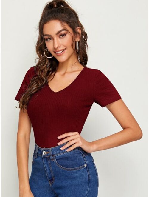 Shein V Neck Rib-knit Top