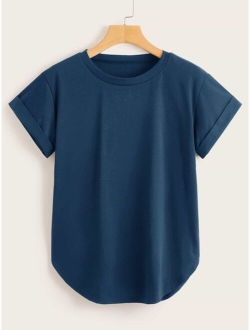 Rolled Cuff Curved Hem Solid Tee