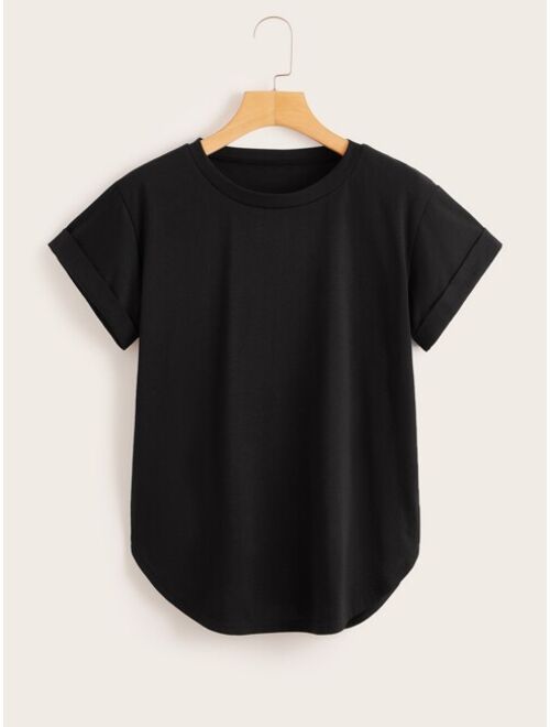 Shein Rolled Cuff Curved Hem Solid Tee