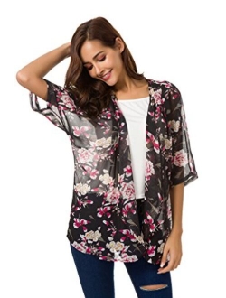 Women's Short Sleeve Beachwear Sheer Chiffon Kimono Cardigan Solid Casual Capes Beach Blouse Summer Cover Ups