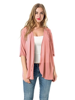 Women's Short Sleeve Beachwear Sheer Chiffon Kimono Cardigan Solid Casual Capes Beach Blouse Summer Cover Ups