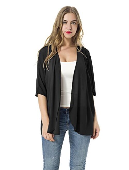 Women's Short Sleeve Beachwear Sheer Chiffon Kimono Cardigan Solid Casual Capes Beach Blouse Summer Cover Ups