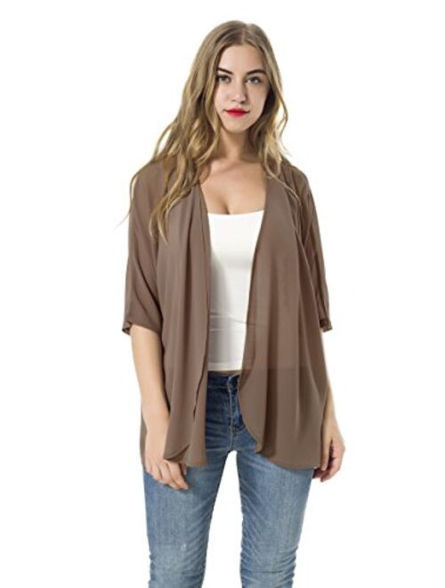 Women's Short Sleeve Beachwear Sheer Chiffon Kimono Cardigan Solid Casual Capes Beach Blouse Summer Cover Ups