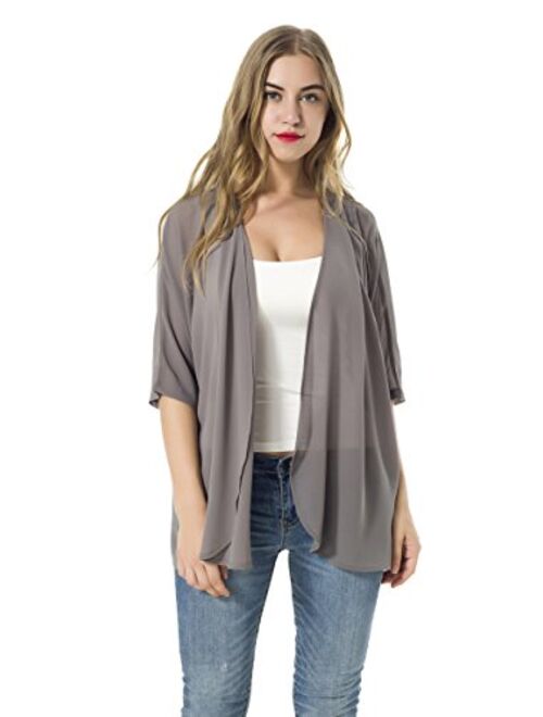 Women's Short Sleeve Beachwear Sheer Chiffon Kimono Cardigan Solid Casual Capes Beach Blouse Summer Cover Ups