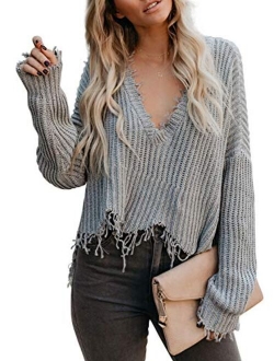 Dearlove Womens Casual Striped Distressed Sweater Loose V Neck Ripped Knit Pullover Tops