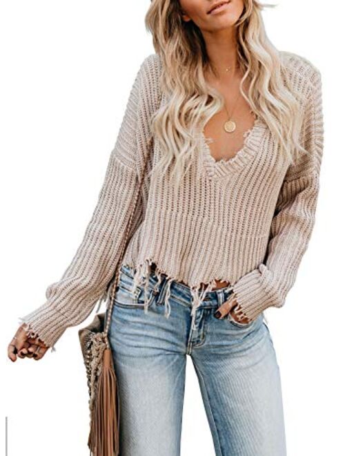 Dearlove Womens Casual Striped Distressed Sweater Loose V Neck Ripped Knit Pullover Tops