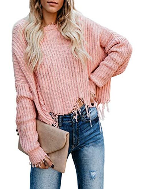 Dearlove Womens Casual Striped Distressed Sweater Loose V Neck Ripped Knit Pullover Tops