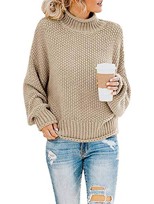 kayamiya Women's Turtleneck Sweaters Slouchy Puff Sleeve Chunky Knit Oversized Pullover Tops