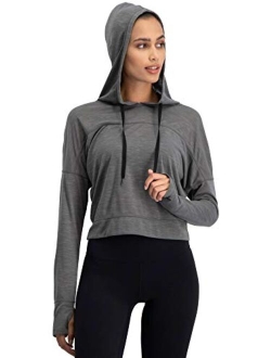 Dry Fit Crop Tops for Women - Long Sleeve Crop Top Hoodie - Women's Workout Pullover Top with Thumb Holes