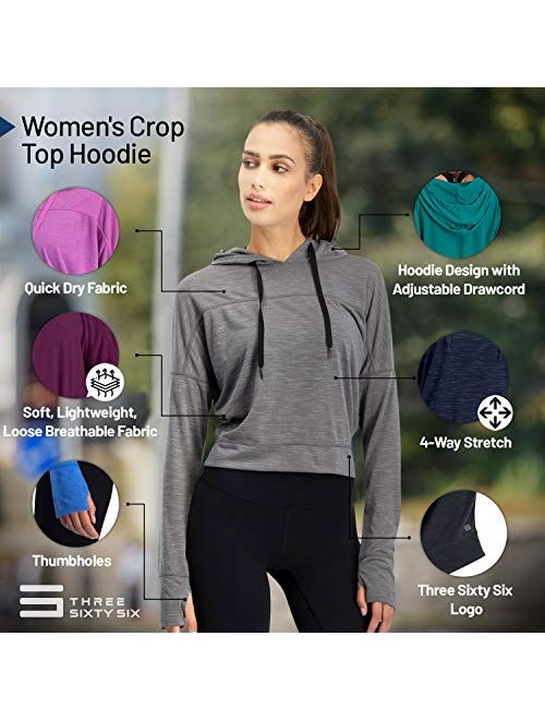 Three Sixty Six Dry Fit Crop Tops for Women - Long Sleeve Crop Top Hoodie - Women's Workout Pullover Top with Thumb Holes