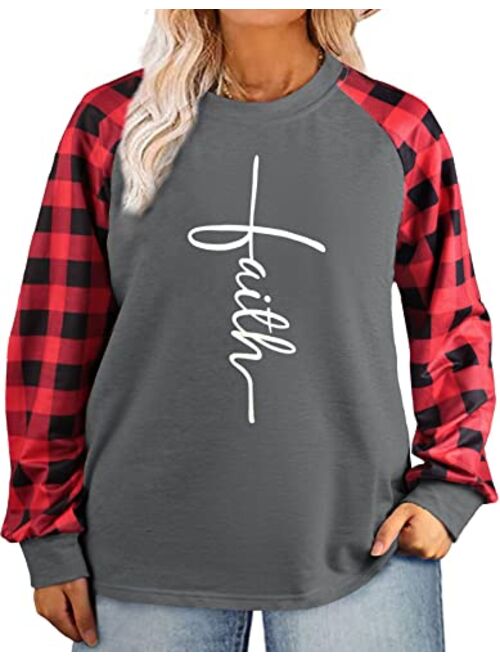 HDLTE Plus Size Long Sleeve Crewneck Shirts Womens Faith Graphic T-Shirt Christian Inspirational Tops (1X-4X)