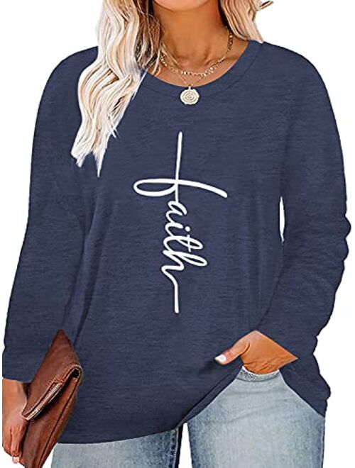 HDLTE Plus Size Long Sleeve Crewneck Shirts Womens Faith Graphic T-Shirt Christian Inspirational Tops (1X-4X)