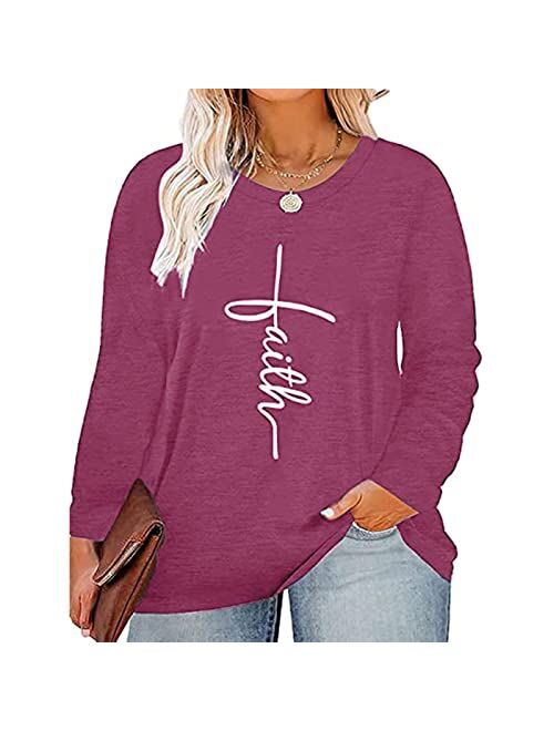 HDLTE Plus Size Long Sleeve Crewneck Shirts Womens Faith Graphic T-Shirt Christian Inspirational Tops (1X-4X)