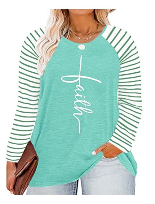 HDLTE Plus Size Long Sleeve Crewneck Shirts Womens Faith Graphic T-Shirt Christian Inspirational Tops (1X-4X)