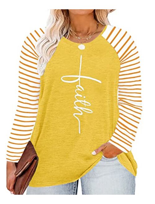 HDLTE Plus Size Long Sleeve Crewneck Shirts Womens Faith Graphic T-Shirt Christian Inspirational Tops (1X-4X)