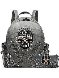 Sugar Skull Punk Art Rivet Stud Biker Purse Women Fashion Backpack Python Daypack Shoulder Bag Wallet Set