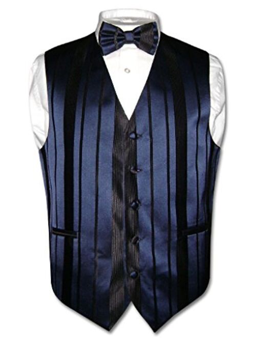 Men's Dress Vest & Bowtie Navy Blue Color Woven Striped Design Bow Tie Set