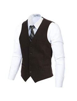 Men's 5 Button Slim Fit Formal Herringbone Tweed Suit Vest