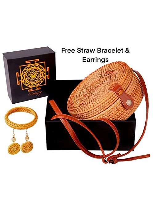 Mahajoy Round Rattan Woven handbag WITH GIFT BOX+FREE STRAW EARRING & BRACELET for women,beach SACRED GEOMETRY bag,Sri Yantra,wooden Crossbody clutch,basket Purse,vegan w