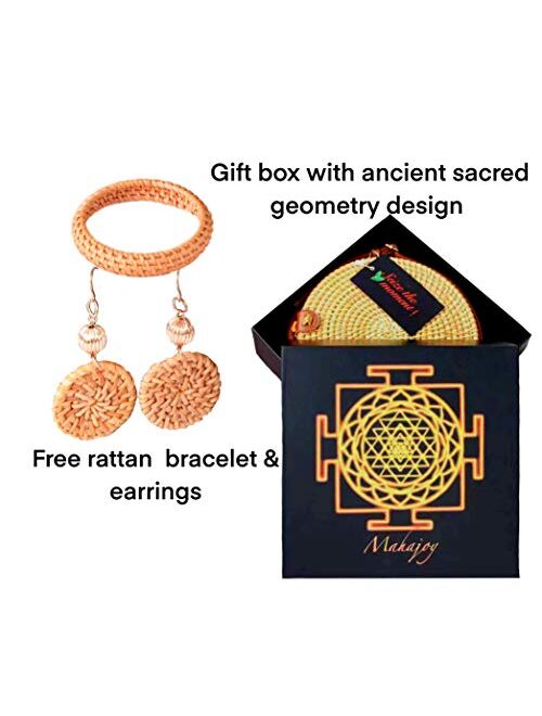 Mahajoy Round Rattan Woven handbag WITH GIFT BOX+FREE STRAW EARRING & BRACELET for women,beach SACRED GEOMETRY bag,Sri Yantra,wooden Crossbody clutch,basket Purse,vegan w