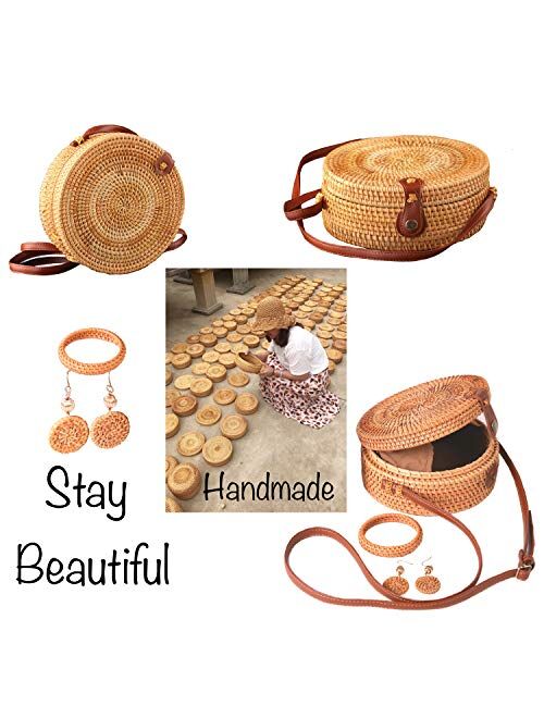 Mahajoy Round Rattan Woven handbag WITH GIFT BOX+FREE STRAW EARRING & BRACELET for women,beach SACRED GEOMETRY bag,Sri Yantra,wooden Crossbody clutch,basket Purse,vegan w