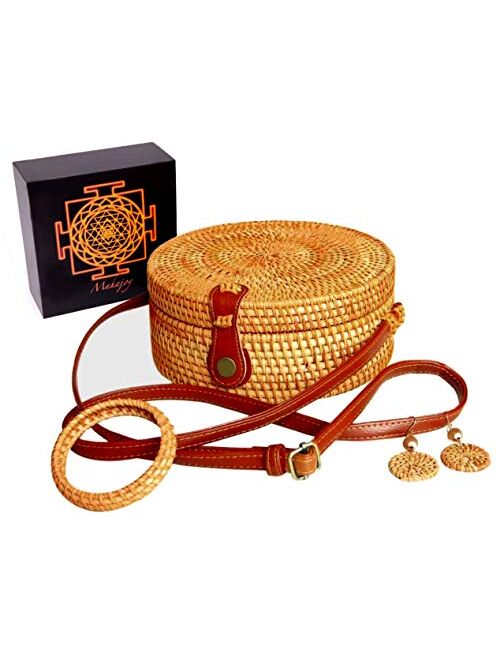 Mahajoy Round Rattan Woven handbag WITH GIFT BOX+FREE STRAW EARRING & BRACELET for women,beach SACRED GEOMETRY bag,Sri Yantra,wooden Crossbody clutch,basket Purse,vegan w