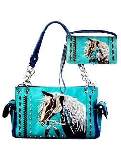 Justin West Dales Pony Horse White Mane Embroidery Feather Conceal Carry Women Handbag Purse