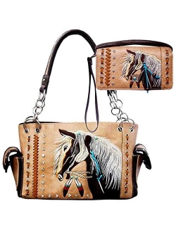 Justin West Dales Pony Horse White Mane Embroidery Feather Conceal Carry Women Handbag Purse