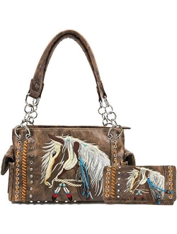 Justin West Dales Pony Horse White Mane Embroidery Feather Conceal Carry Women Handbag Purse