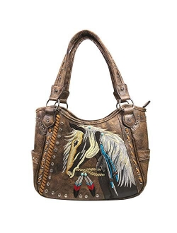 Justin West Dales Pony Horse White Mane Embroidery Feather Conceal Carry Women Handbag Purse