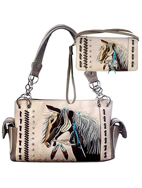 Justin West Dales Pony Horse White Mane Embroidery Feather Conceal Carry Women Handbag Purse