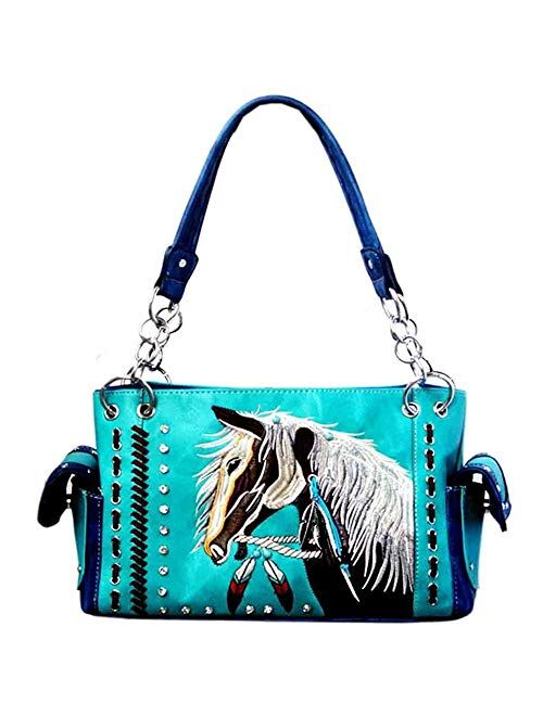 Justin West Dales Pony Horse White Mane Embroidery Feather Conceal Carry Women Handbag Purse