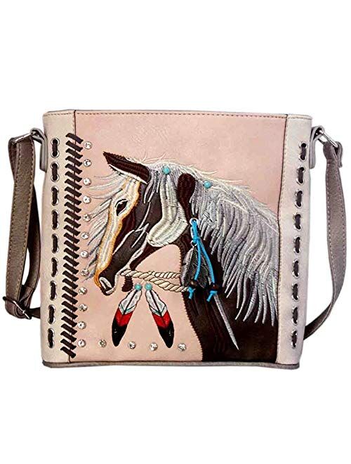 Justin West Dales Pony Horse White Mane Embroidery Feather Conceal Carry Women Handbag Purse