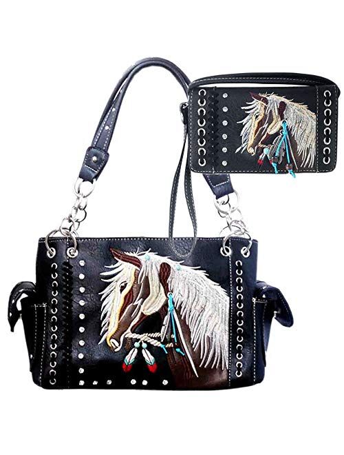 Justin West Dales Pony Horse White Mane Embroidery Feather Conceal Carry Women Handbag Purse