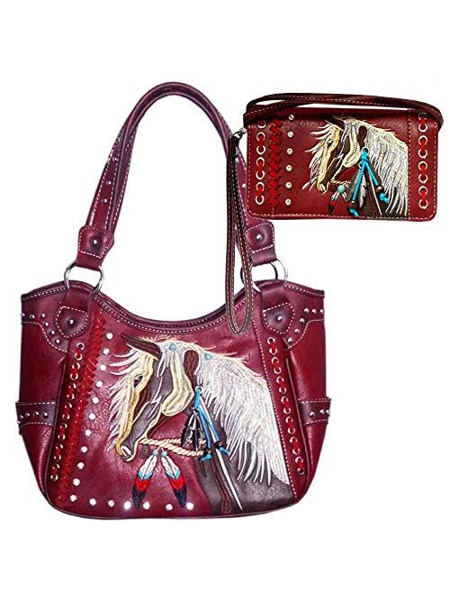 Justin West Dales Pony Horse White Mane Embroidery Feather Conceal Carry Women Handbag Purse