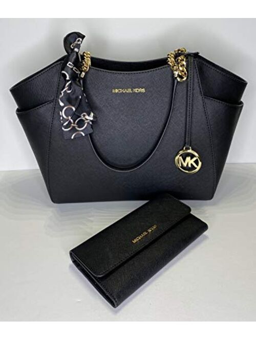 Michael Kors Jet Set Travel Chain Shoulder Tote Black MK Signature