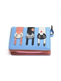 Girl's Short Cute Cat Purse, Buckle Zipper Cartoon Wallet, Small Clutch Handbag