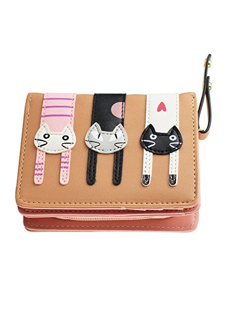 Girl's Short Cute Cat Purse, Buckle Zipper Cartoon Wallet, Small Clutch Handbag