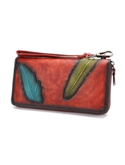 Women's Wallet Genuine Leather Zip Around Wristlet Long Purse Vintage Embossing Cowhide Capacity Handmade Clutch