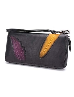 Women's Wallet Genuine Leather Zip Around Wristlet Long Purse Vintage Embossing Cowhide Capacity Handmade Clutch