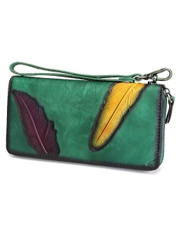 Women's Wallet Genuine Leather Zip Around Wristlet Long Purse Vintage Embossing Cowhide Capacity Handmade Clutch