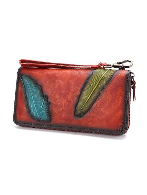 Women's Wallet Genuine Leather Zip Around Wristlet Long Purse Vintage Embossing Cowhide Capacity Handmade Clutch