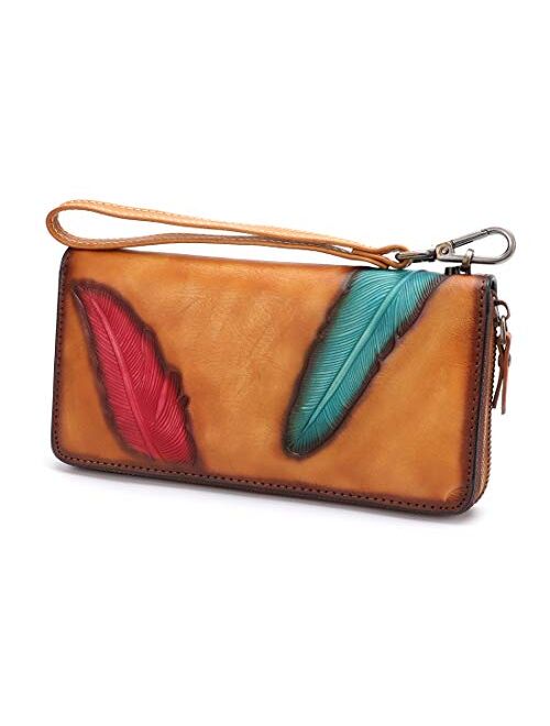 Women's Wallet Genuine Leather Zip Around Wristlet Long Purse Vintage Embossing Cowhide Capacity Handmade Clutch