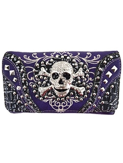 Western Style Sugar Skull Studded Country Purse Single Shoulder Bag Clutch Women Blocking Wristlet Wallet