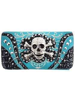 Western Style Sugar Skull Studded Country Purse Single Shoulder Bag Clutch Women Blocking Wristlet Wallet