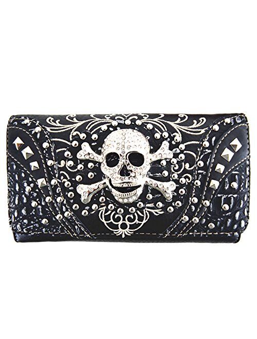 Western Style Sugar Skull Studded Country Purse Single Shoulder Bag Clutch Women Blocking Wristlet Wallet