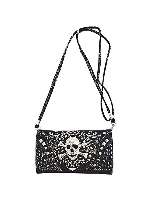 Western Style Sugar Skull Studded Country Purse Single Shoulder Bag Clutch Women Blocking Wristlet Wallet