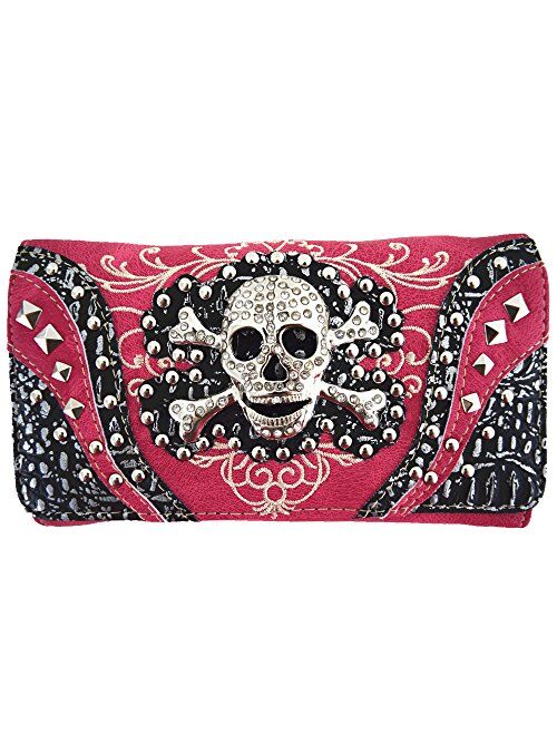 Western Style Sugar Skull Studded Country Purse Single Shoulder Bag Clutch Women Blocking Wristlet Wallet